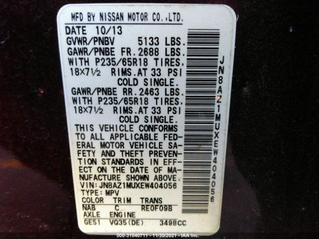 Photo 8 VIN: JN8AZ1MUXEW404056 - NISSAN MURANO 