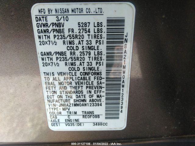 Photo 8 VIN: JN8AZ1MW0AW123394 - NISSAN MURANO 