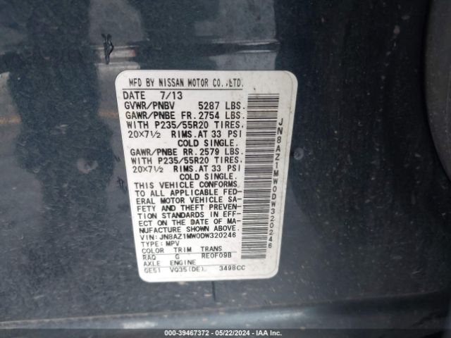 Photo 8 VIN: JN8AZ1MW0DW320246 - NISSAN MURANO 