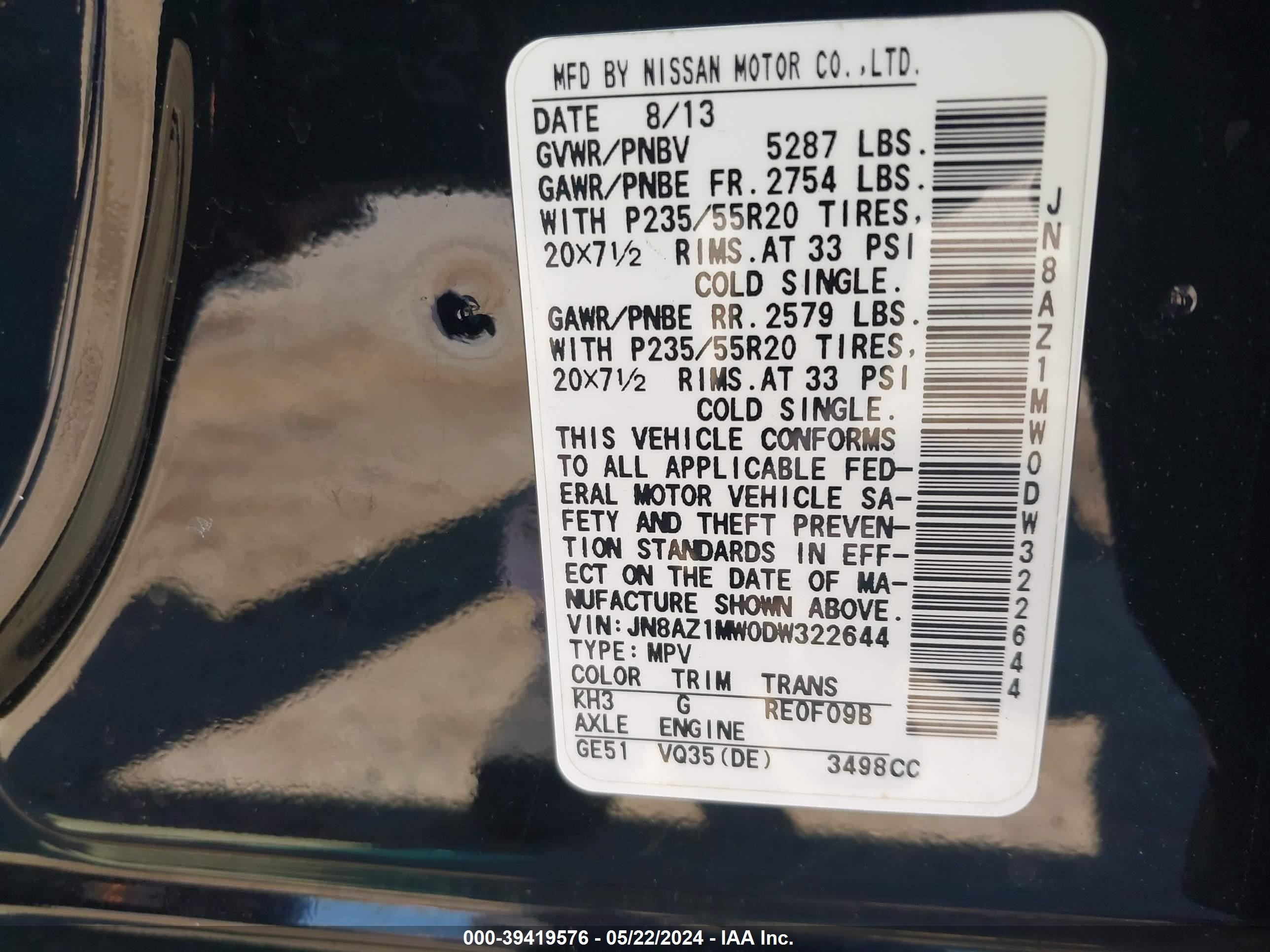 Photo 8 VIN: JN8AZ1MW0DW322644 - NISSAN MURANO 