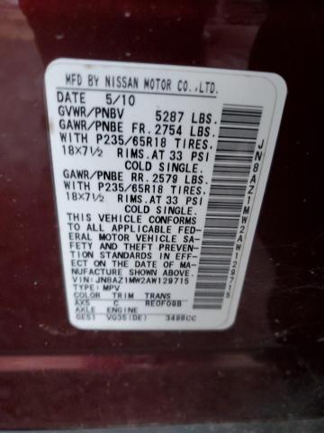 Photo 12 VIN: JN8AZ1MW2AW129715 - NISSAN MURANO S 