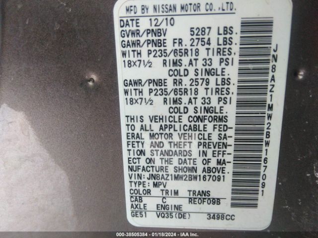 Photo 8 VIN: JN8AZ1MW2BW167091 - NISSAN MURANO 