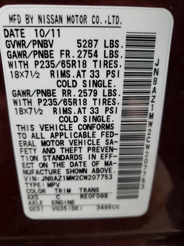 Photo 9 VIN: JN8AZ1MW2CW207753 - NISSAN MURANO S 