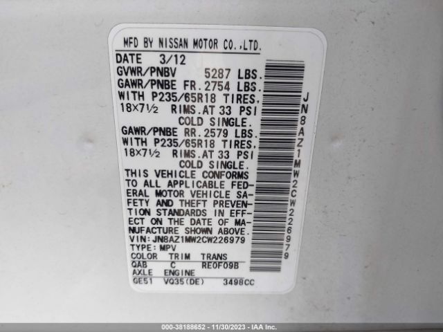 Photo 8 VIN: JN8AZ1MW2CW226979 - NISSAN MURANO 