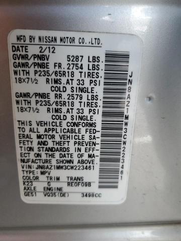 Photo 12 VIN: JN8AZ1MW3CW223461 - NISSAN MURANO 