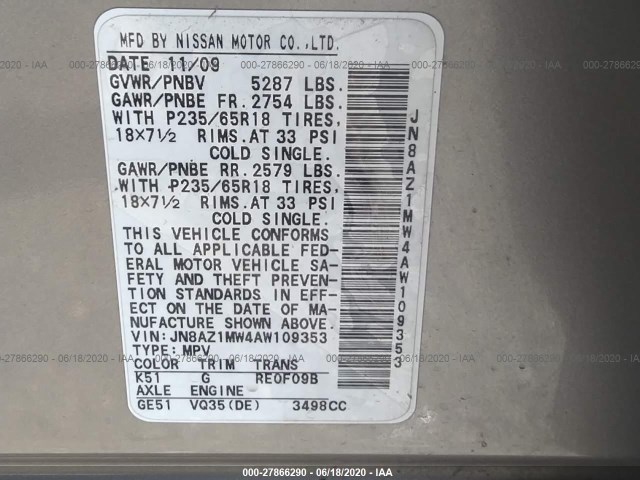 Photo 8 VIN: JN8AZ1MW4AW109353 - NISSAN MURANO 