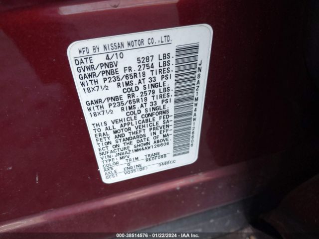 Photo 8 VIN: JN8AZ1MW4AW126606 - NISSAN MURANO 