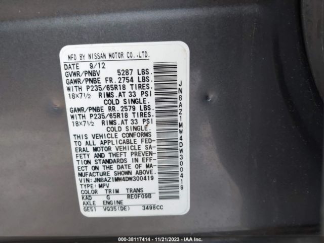 Photo 8 VIN: JN8AZ1MW4DW300419 - NISSAN MURANO 