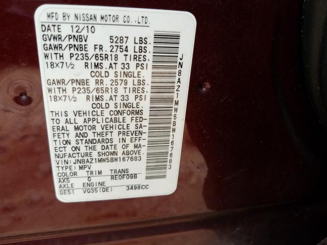 Photo 9 VIN: JN8AZ1MW5BW167683 - NISSAN MURANO S 