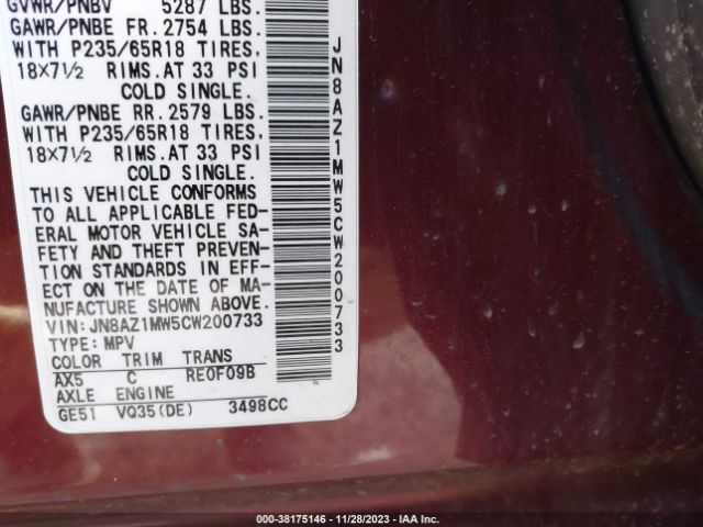 Photo 8 VIN: JN8AZ1MW5CW200733 - NISSAN MURANO 