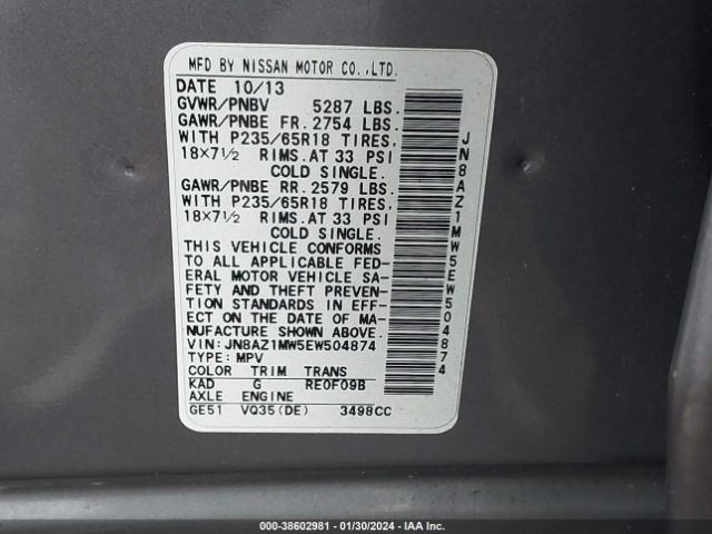 Photo 8 VIN: JN8AZ1MW5EW504874 - NISSAN MURANO 