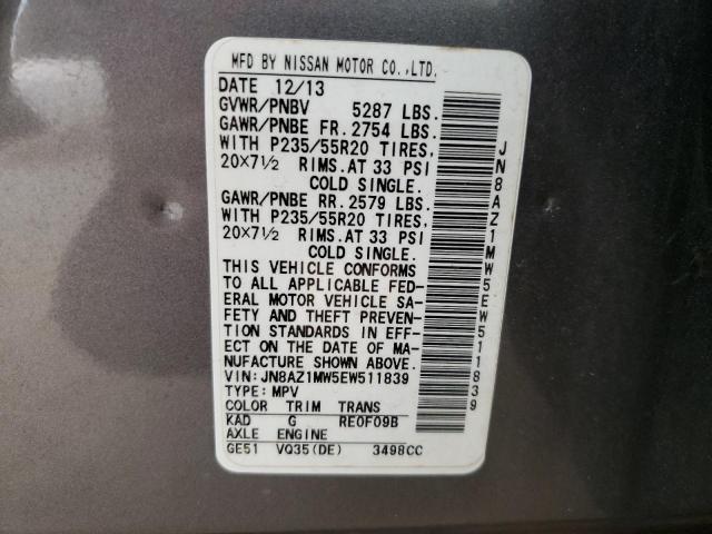 Photo 11 VIN: JN8AZ1MW5EW511839 - NISSAN MURANO S 