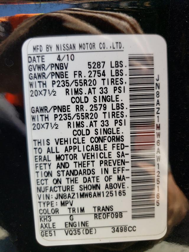 Photo 9 VIN: JN8AZ1MW6AW125165 - NISSAN MURANO S 