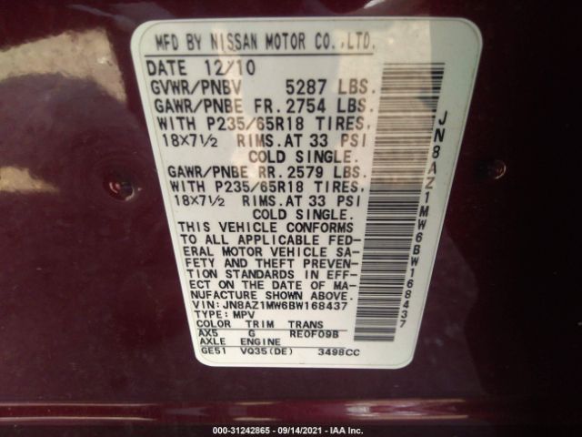 Photo 8 VIN: JN8AZ1MW6BW168437 - NISSAN MURANO 