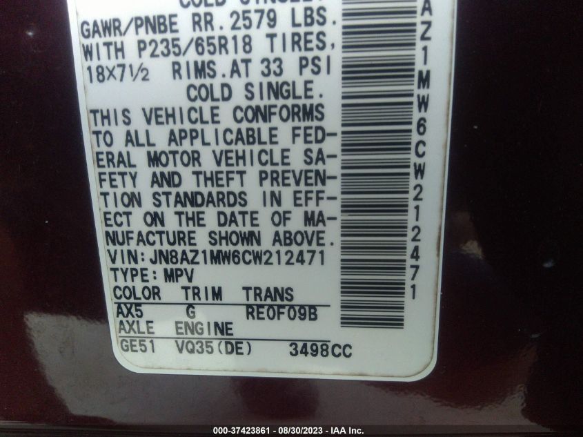 Photo 8 VIN: JN8AZ1MW6CW212471 - NISSAN MURANO 