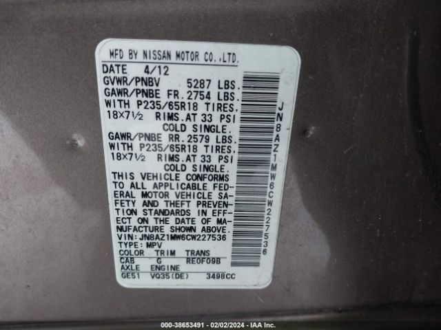 Photo 8 VIN: JN8AZ1MW6CW227536 - NISSAN MURANO 