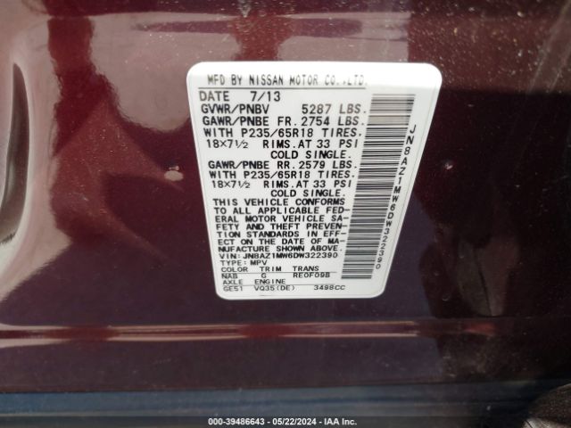 Photo 8 VIN: JN8AZ1MW6DW322390 - NISSAN MURANO 