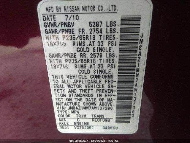 Photo 8 VIN: JN8AZ1MW7AW137390 - NISSAN MURANO 