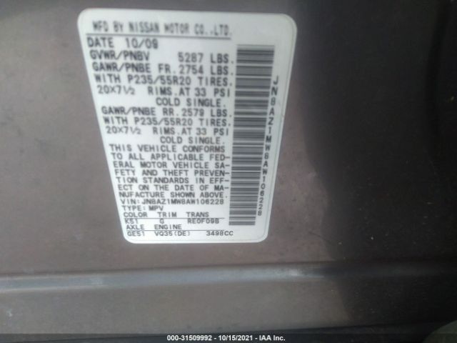 Photo 8 VIN: JN8AZ1MW8AW106228 - NISSAN MURANO 