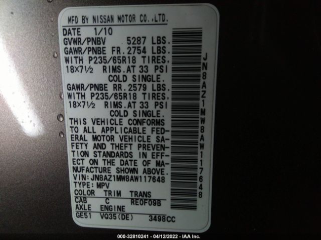 Photo 8 VIN: JN8AZ1MW8AW117648 - NISSAN MURANO 