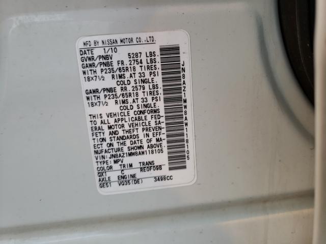 Photo 9 VIN: JN8AZ1MW8AW118105 - NISSAN MURANO S 