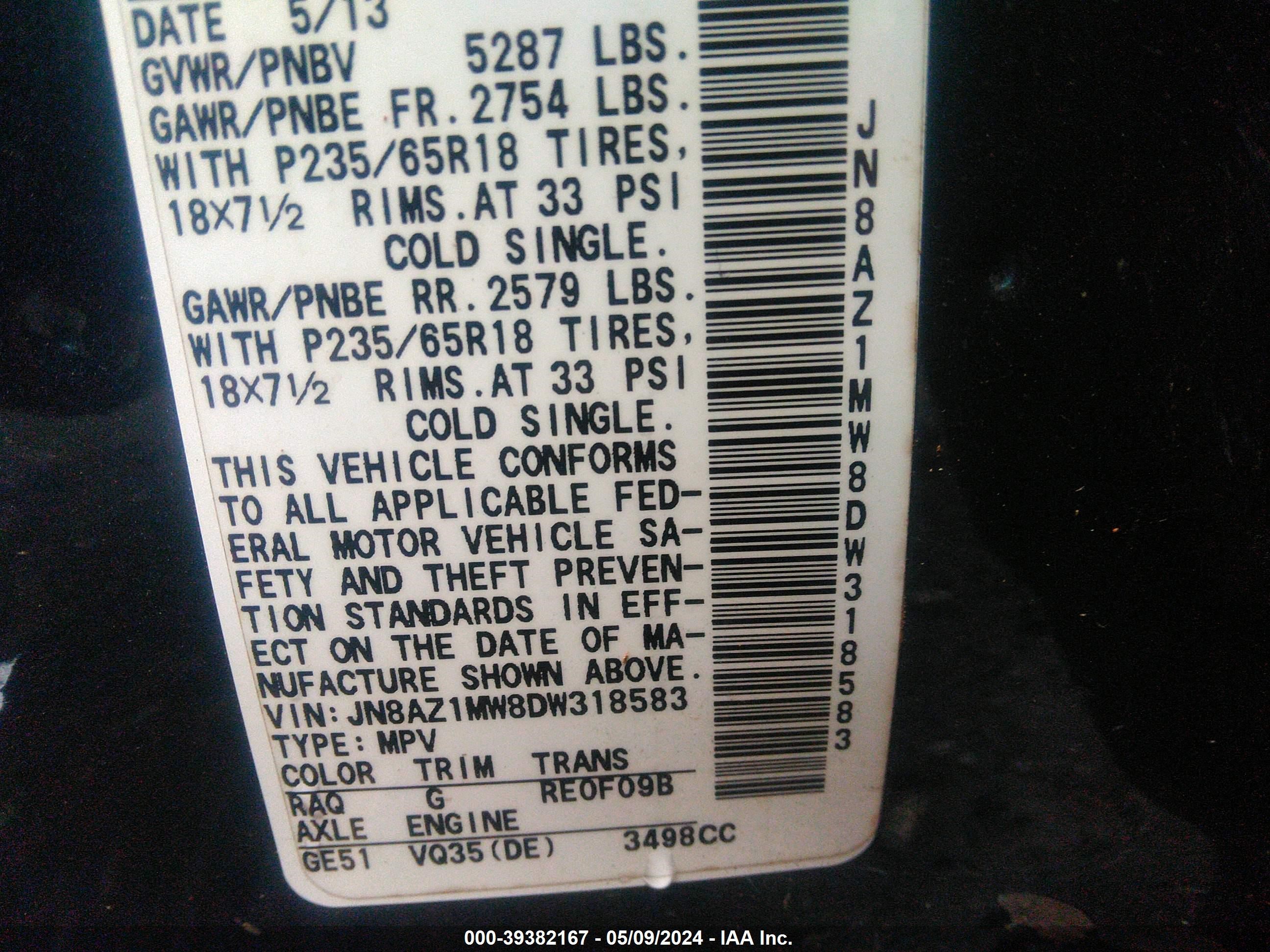 Photo 8 VIN: JN8AZ1MW8DW318583 - NISSAN MURANO 