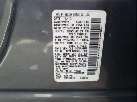 Photo 9 VIN: JN8AZ1MW9DW316308 - NISSAN MURANO S 