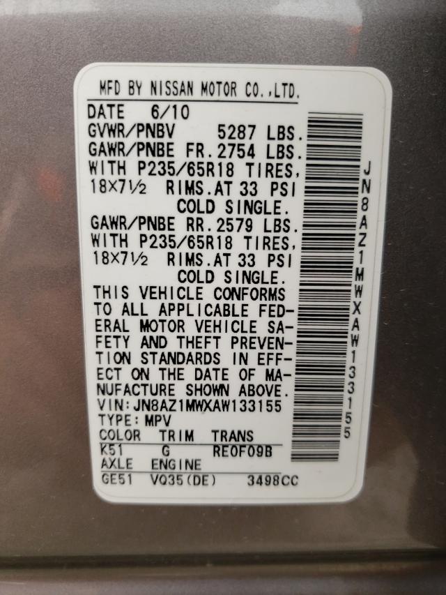 Photo 9 VIN: JN8AZ1MWXAW133155 - NISSAN MURANO S 