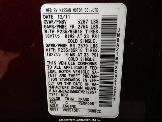 Photo 8 VIN: JN8AZ1MWXCW212957 - NISSAN MURANO 