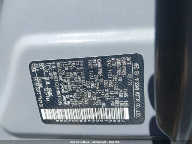 Photo 8 VIN: JN8BT3DD4NW275085 - NISSAN ROGUE 