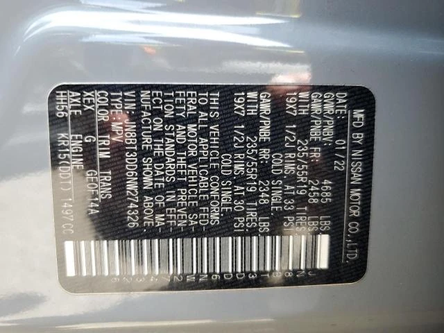 Photo 12 VIN: JN8BT3DD6NW274326 - NISSAN ROGUE PLAT 