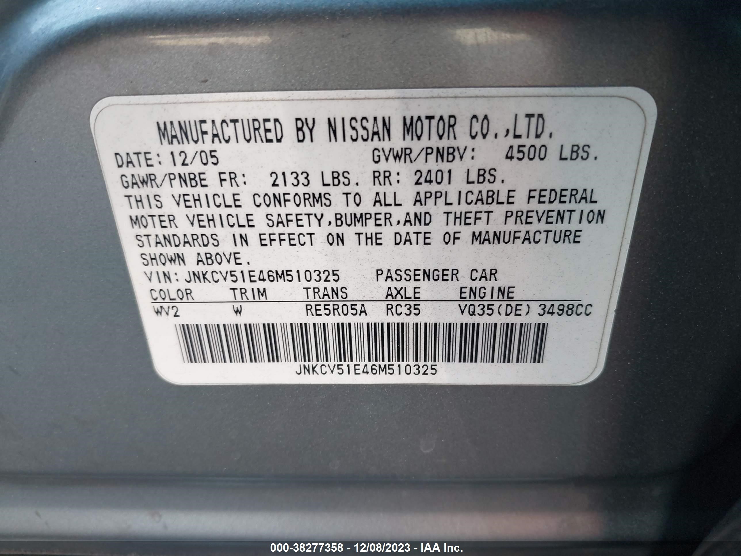 Photo 8 VIN: JNKCV51E46M510325 - INFINITI G 