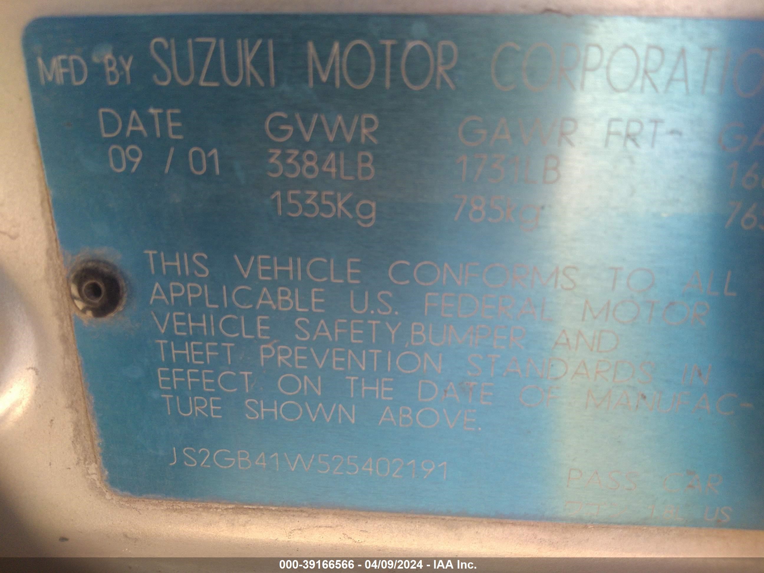 Photo 8 VIN: JS2GB41W525402191 - SUZUKI ESTEEM 