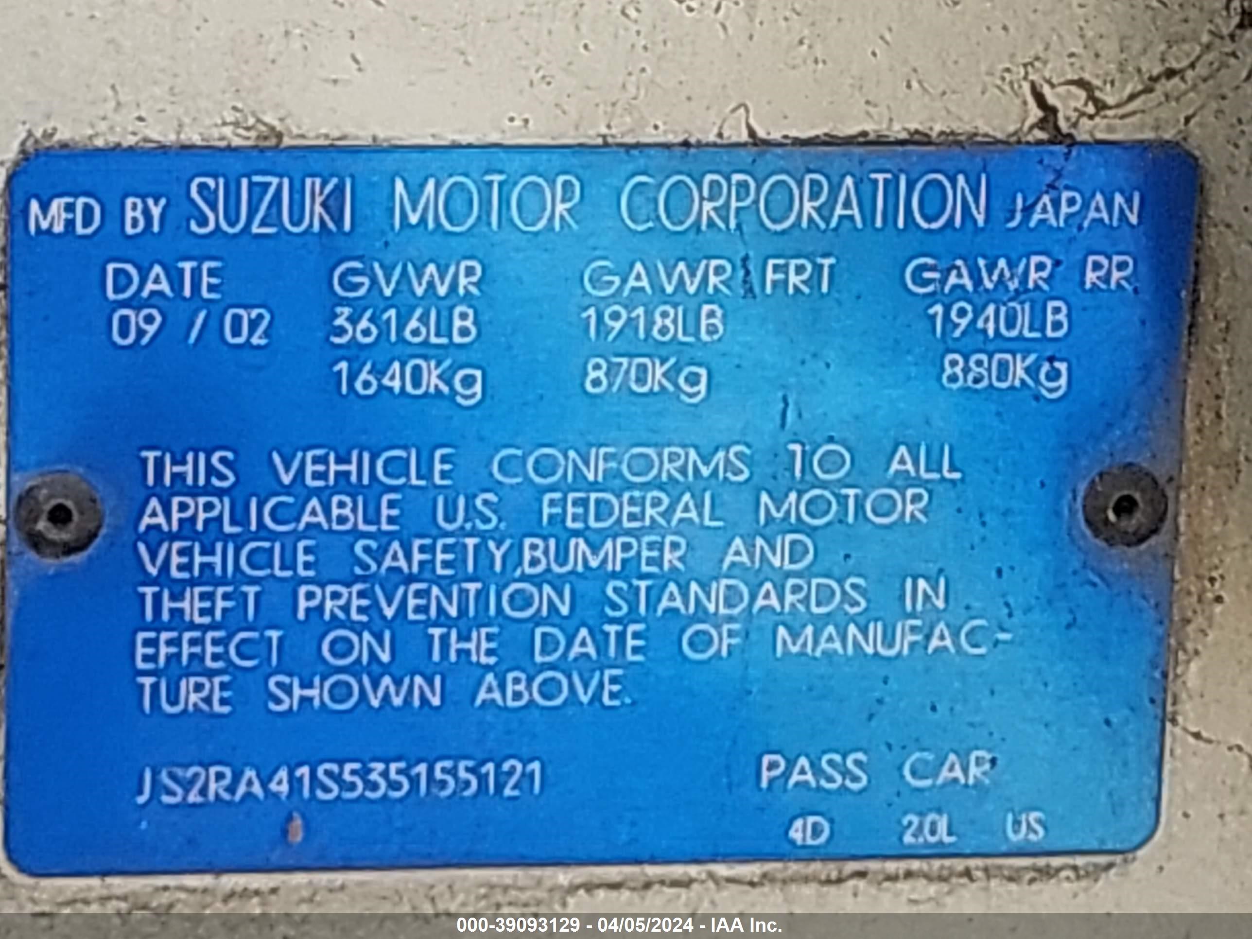 Photo 8 VIN: JS2RA41S535155121 - SUZUKI AERIO 