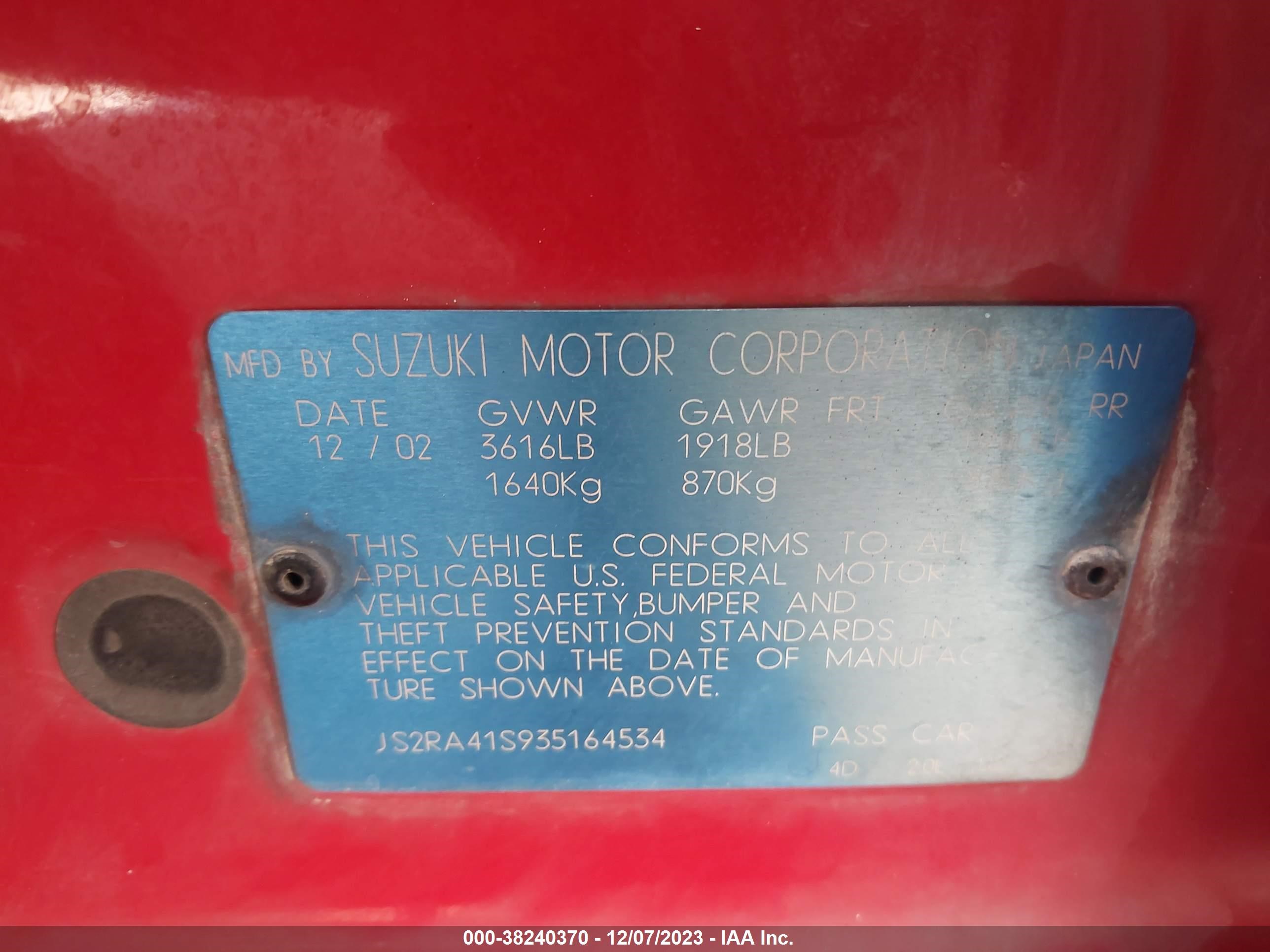 Photo 8 VIN: JS2RA41S935164534 - SUZUKI AERIO 