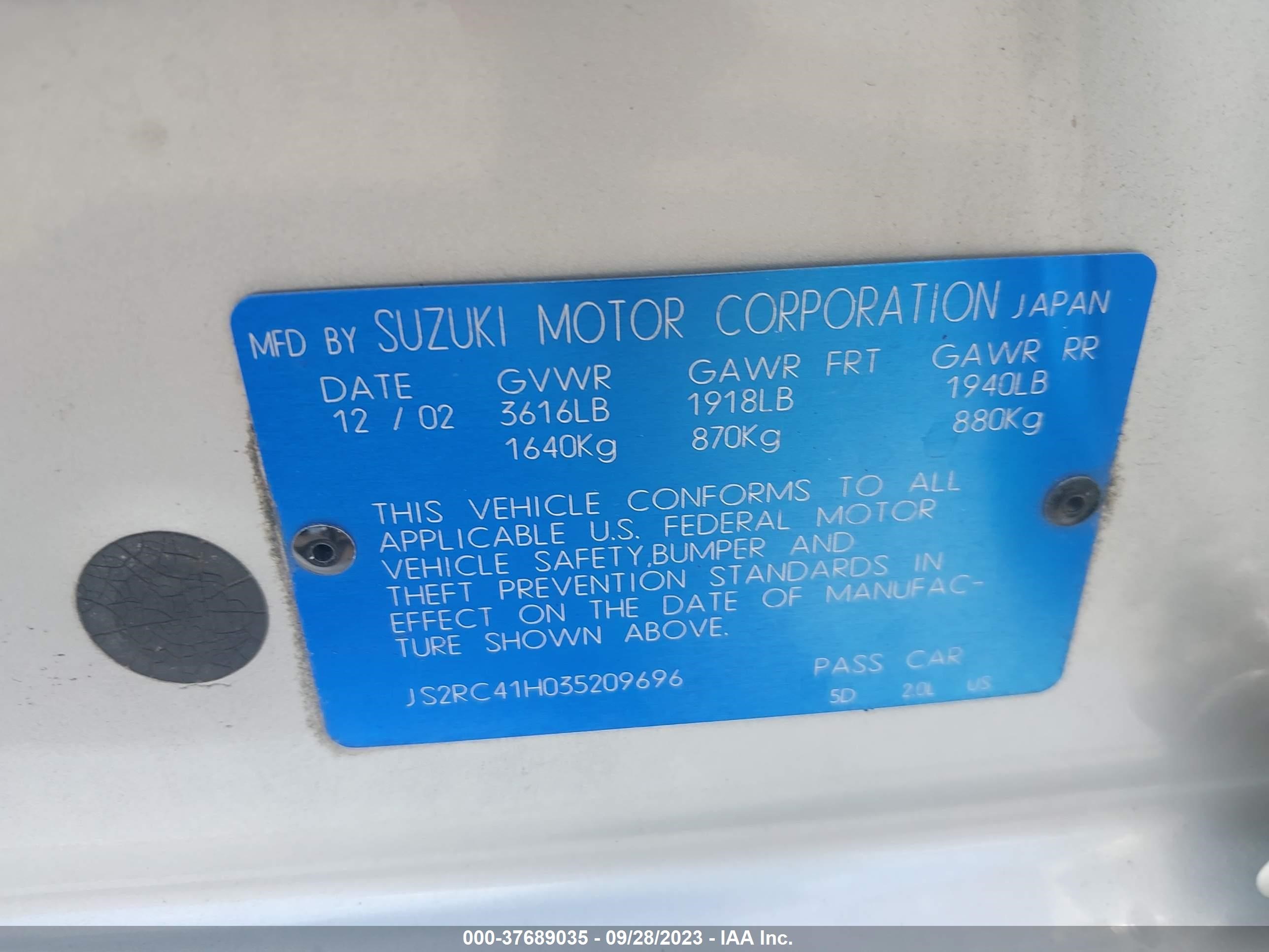 Photo 8 VIN: JS2RC41H035209696 - SUZUKI AERIO 