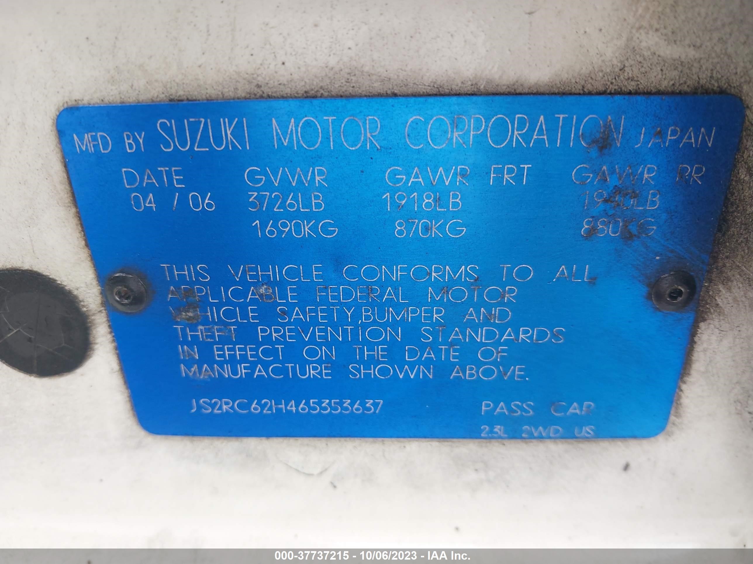 Photo 8 VIN: JS2RC62H465353637 - SUZUKI AERIO 