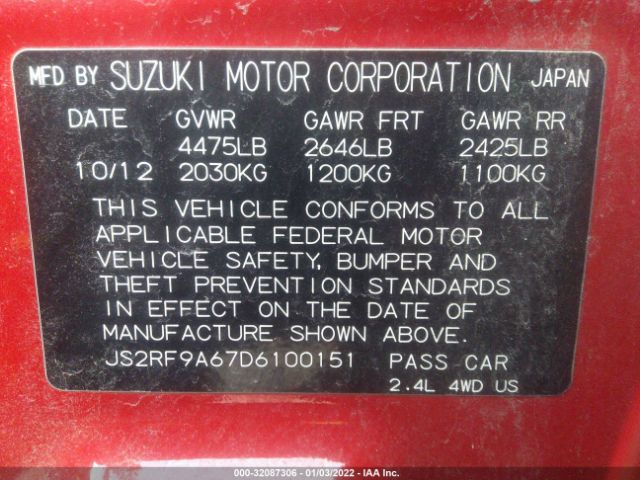 Photo 8 VIN: JS2RF9A67D6100151 - SUZUKI KIZASHI 