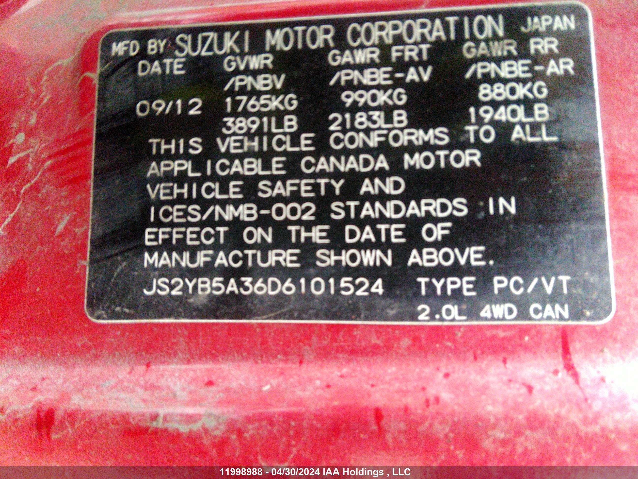 Photo 8 VIN: JS2YB5A36D6101524 - SUZUKI SX4 