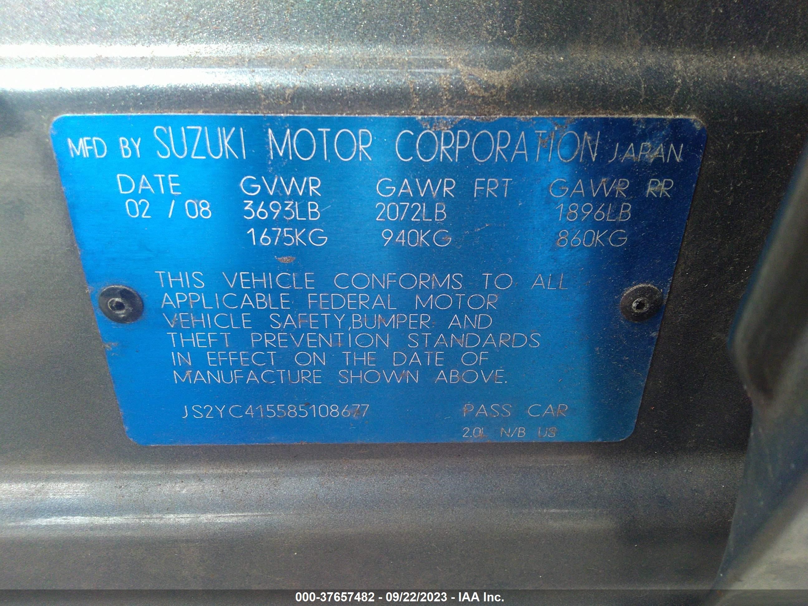 Photo 8 VIN: JS2YC415585108677 - SUZUKI SX4 