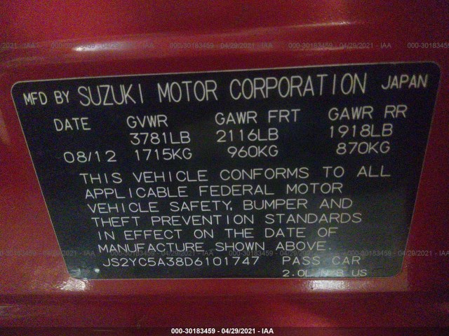 Photo 8 VIN: JS2YC5A38D6101747 - SUZUKI SX4 