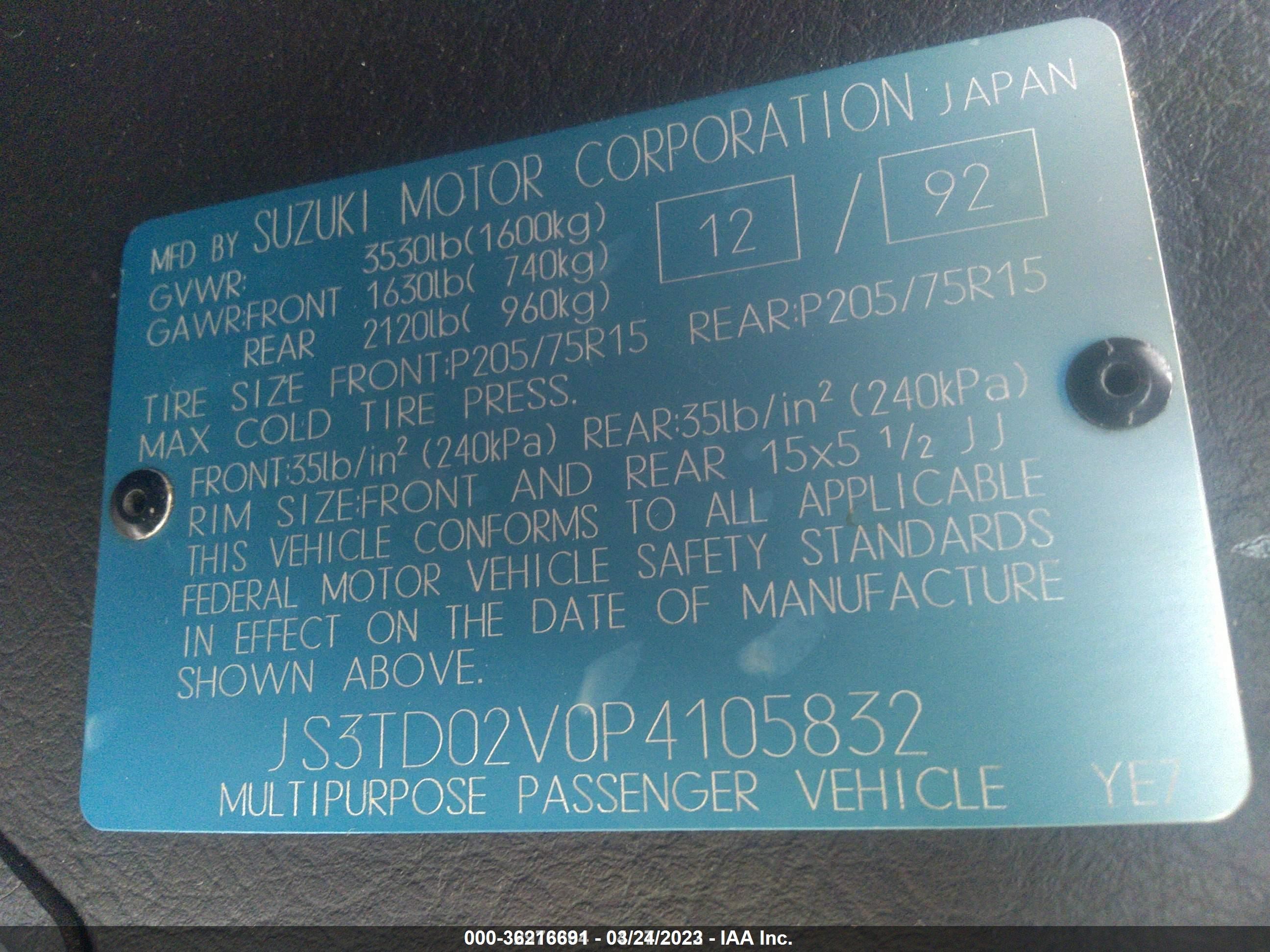 Photo 8 VIN: JS3TD02V0P4105832 - SUZUKI SIDEKICK 