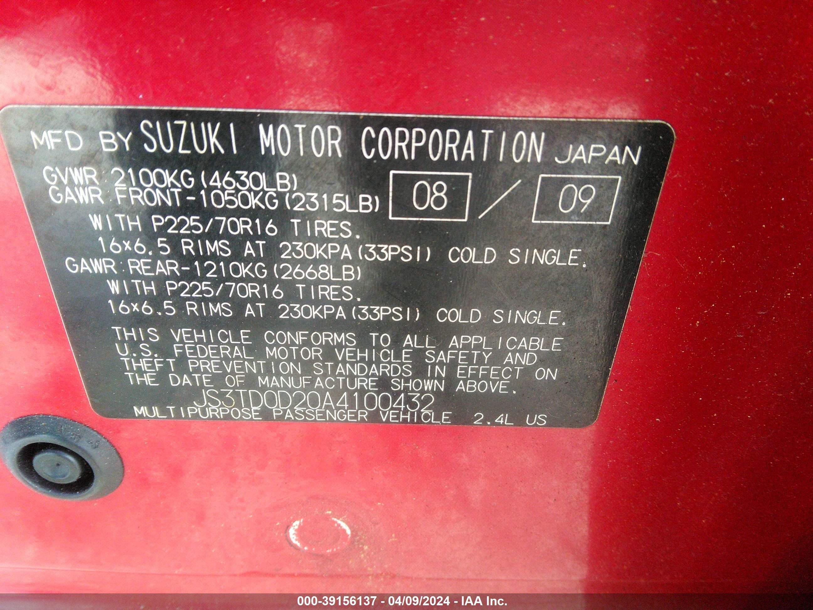 Photo 8 VIN: JS3TD0D20A4100432 - SUZUKI GRAND VITARA 