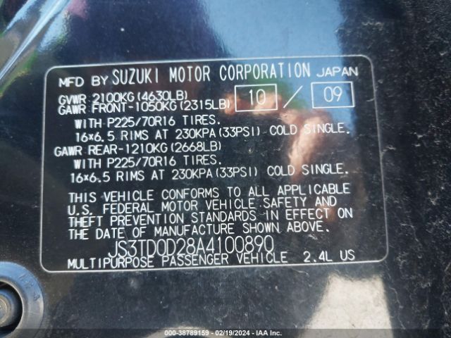 Photo 8 VIN: JS3TD0D28A4100890 - SUZUKI GRAND VITARA 