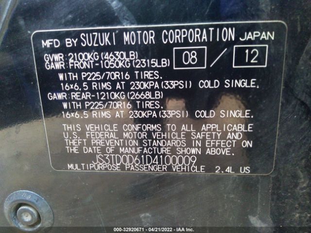 Photo 8 VIN: JS3TD0D61D4100009 - SUZUKI GRAND VITARA 