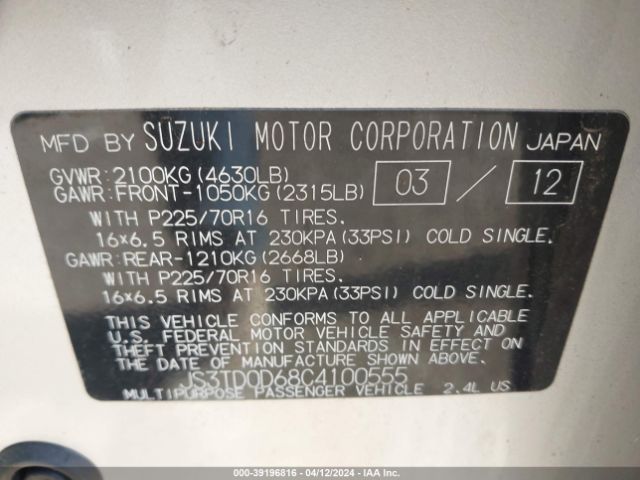 Photo 8 VIN: JS3TD0D68C4100555 - SUZUKI GRAND VITARA 