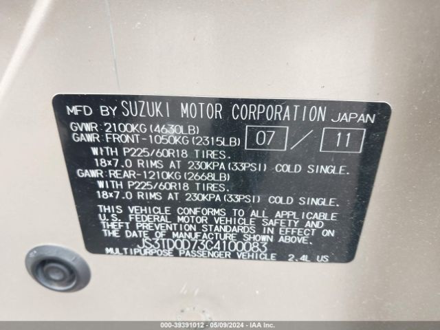 Photo 8 VIN: JS3TD0D73C4100083 - SUZUKI GRAND VITARA 