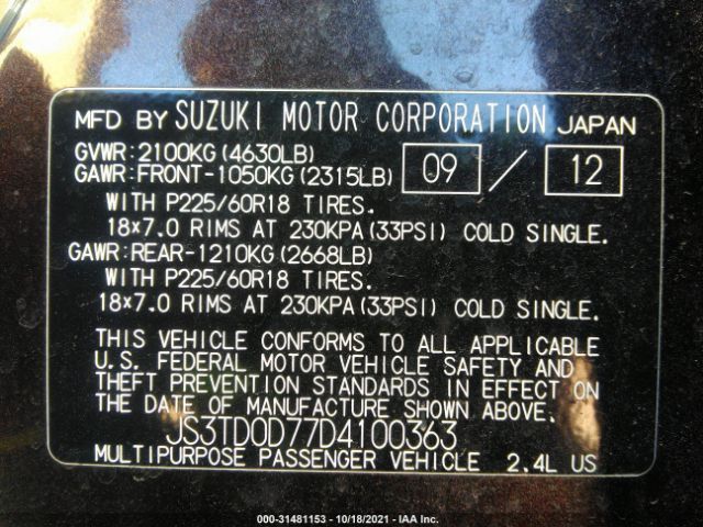 Photo 8 VIN: JS3TD0D77D4100363 - SUZUKI GRAND VITARA 