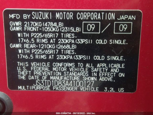 Photo 8 VIN: JS3TD1D83A4100127 - SUZUKI GRAND VITARA 