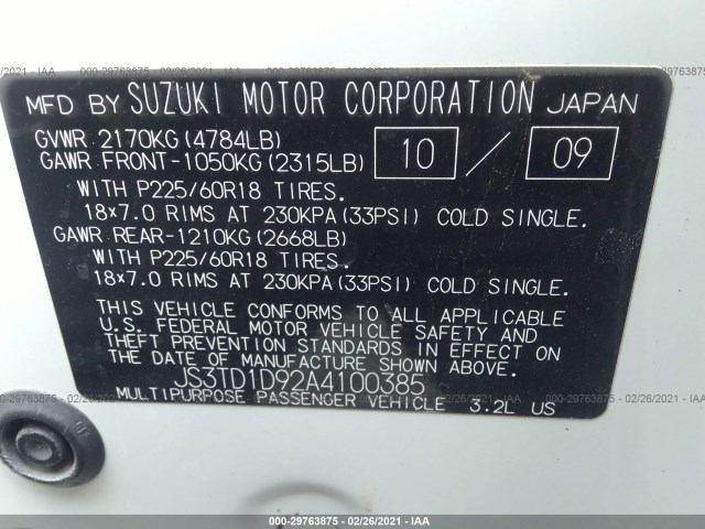 Photo 8 VIN: JS3TD1D92A4100385 - SUZUKI GRAND VITARA 